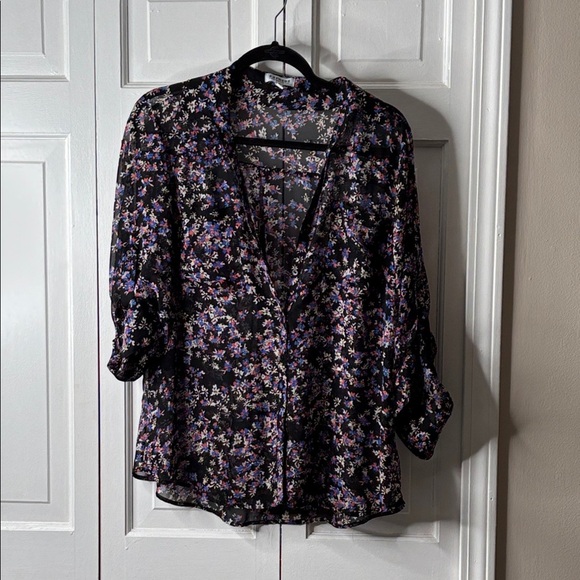Express Tops - Express Black Sheer Floral Blouse with Blue, Cream and Pink Accents. Sz L